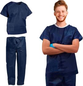 Disposable Scrubs Top and Bottom Large. 55 GSM Polypropylene Shirts and Pants. 5 Sets of Medical Scrub Top and Pants; Dark Blue Pants with Tie; Pocket