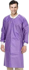 Disposable Lab Coats. Pack of 5 Purple SMS Lab Coats XX-Large. 45 GSM Unisex Lab Coats with Hook and Loop Front; Long Sleeves; Knit Cuffs; 3 Pockets.