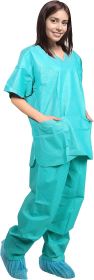 Disposable Uniform Suit Sets. 5 Sets of Teal SMS Shirts and Pants 42 GSM. XX-Large Shirts with V-Neck; Short Sleeves; 3 Pockets. Anti-Static Light Tea