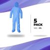 Disposable Coveralls XX-Large. Pack of 5 Blue Hazmat Suits; 50 gsm Polypropylene Coveralls. Unisex Protective Suits with Zipper Front; Attached Hood a