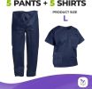 Disposable Scrubs Top and Bottom Large. 55 GSM Polypropylene Shirts and Pants. 5 Sets of Medical Scrub Top and Pants; Dark Blue Pants with Tie; Pocket